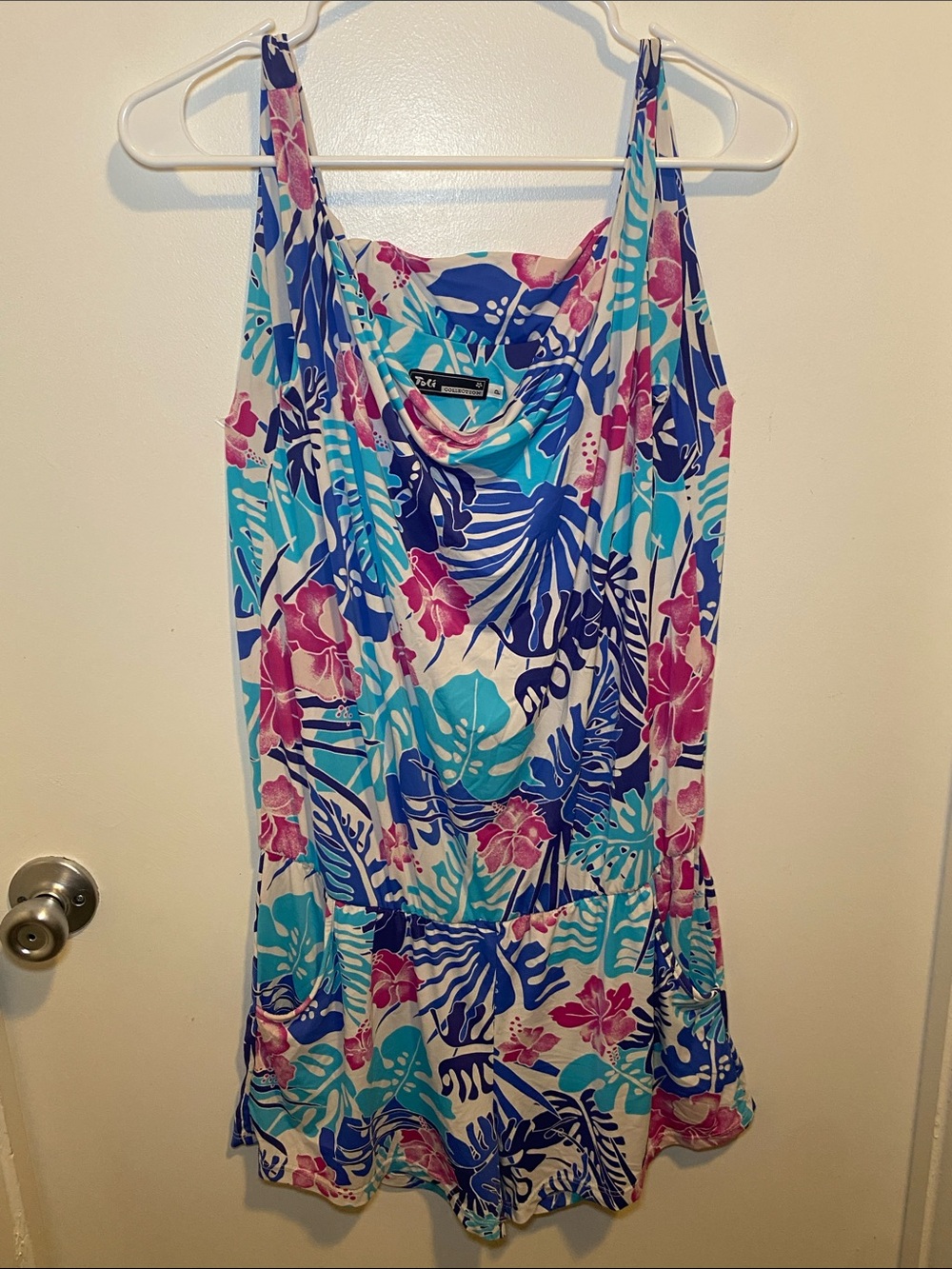 Tolani Tropical Cowl Neck Romper in Blue, Teal & Pink